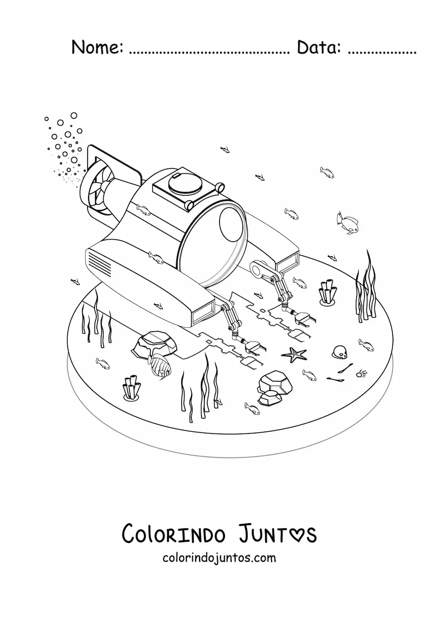 Desenho para colorir de um submarino cientifico no fundo do mar junto a algas e peixes