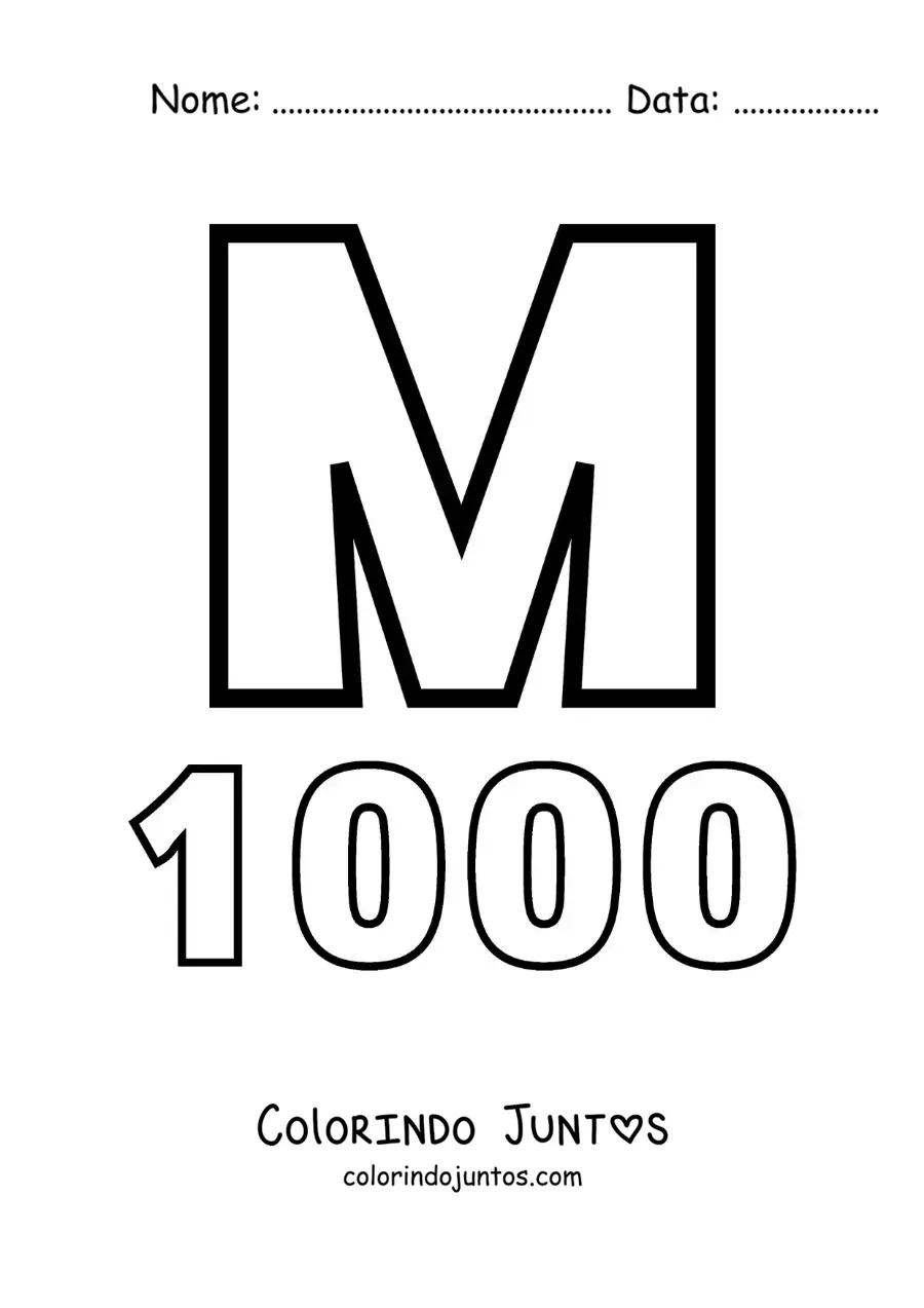 Desenho para colorir de ficha do 1000 em algarismos romanos com desenhos animados