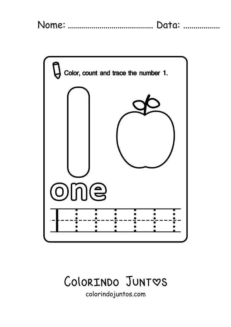 Desenho para colorir de ficha para aprender o numero 1 em ingles com frutas