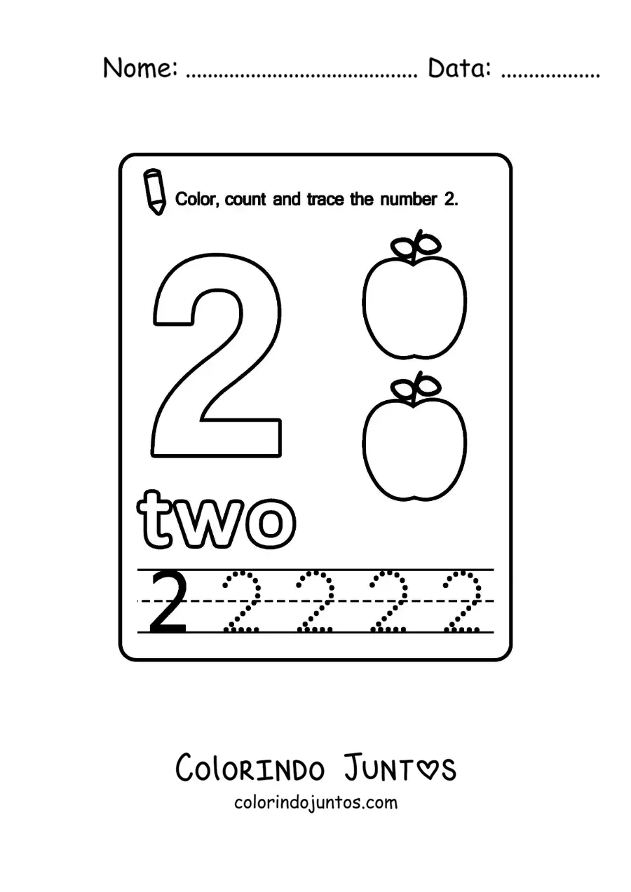 Desenho para colorir de ficha para aprender o numero 2 em ingles com frutas