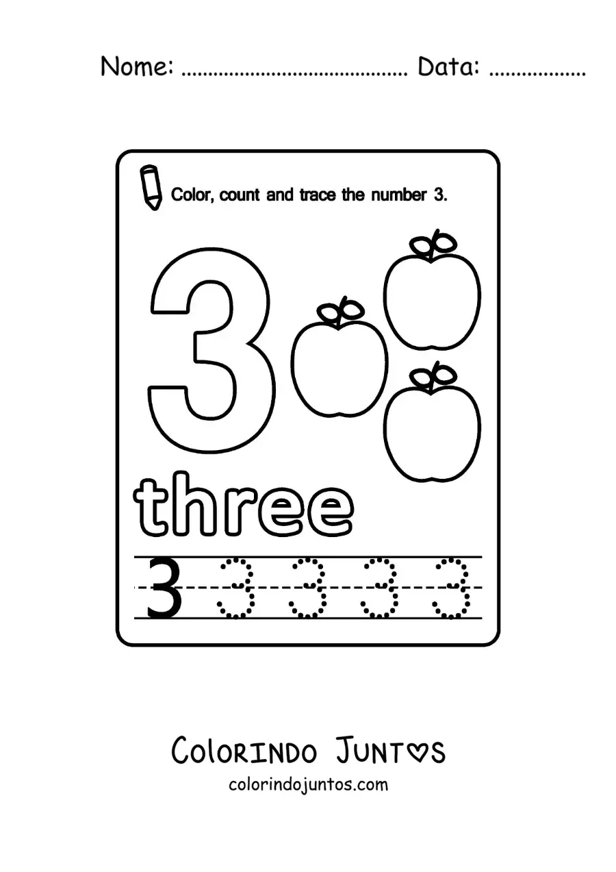 Desenho para colorir de ficha para aprender o numero 3 em ingles com frutas