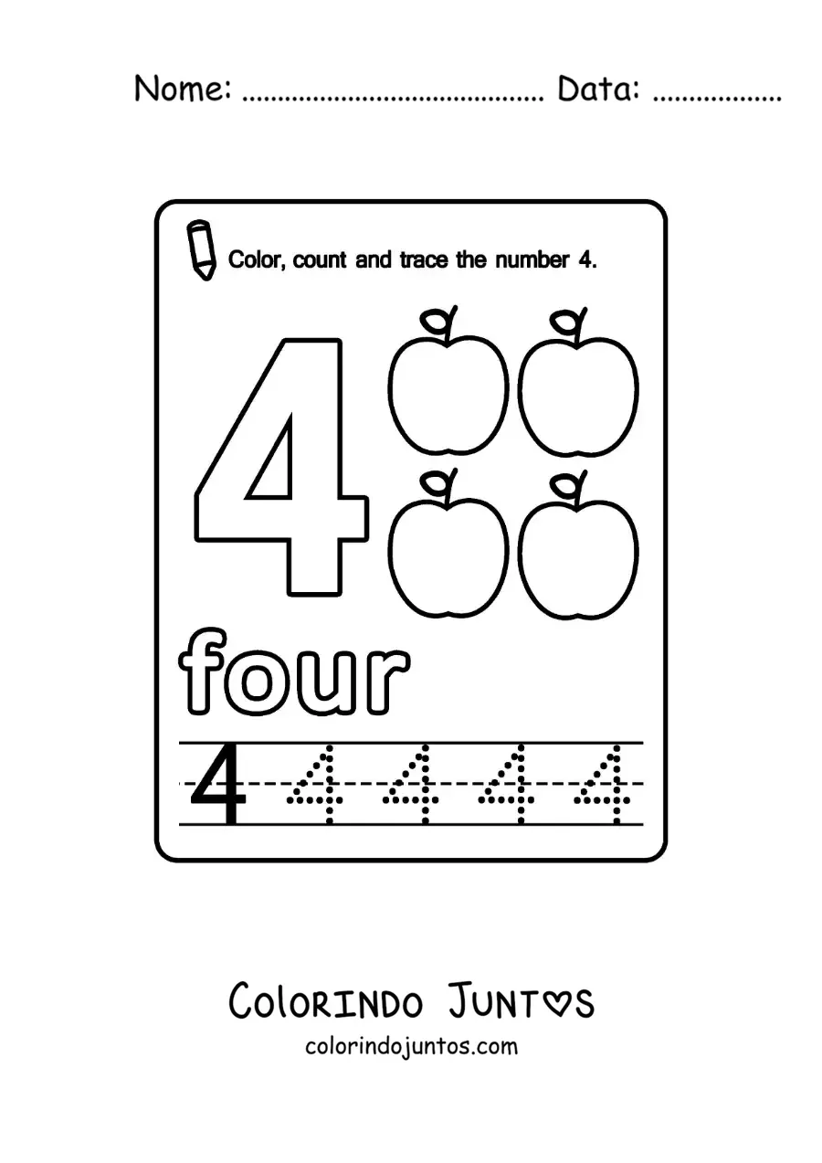 Desenho para colorir de ficha para aprender o numero 4 em ingles com frutas
