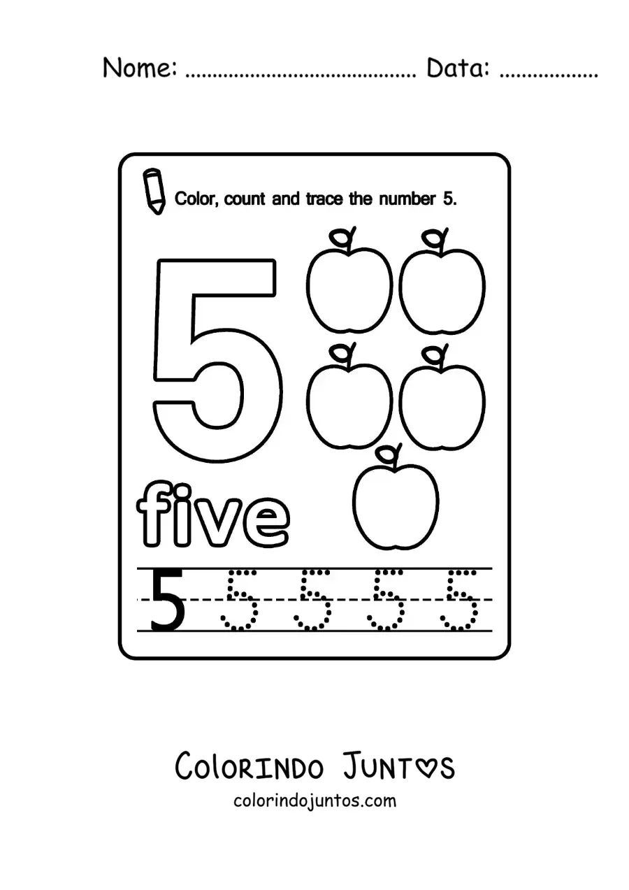 Desenho para colorir de ficha para aprender o numero 5 em ingles com frutas