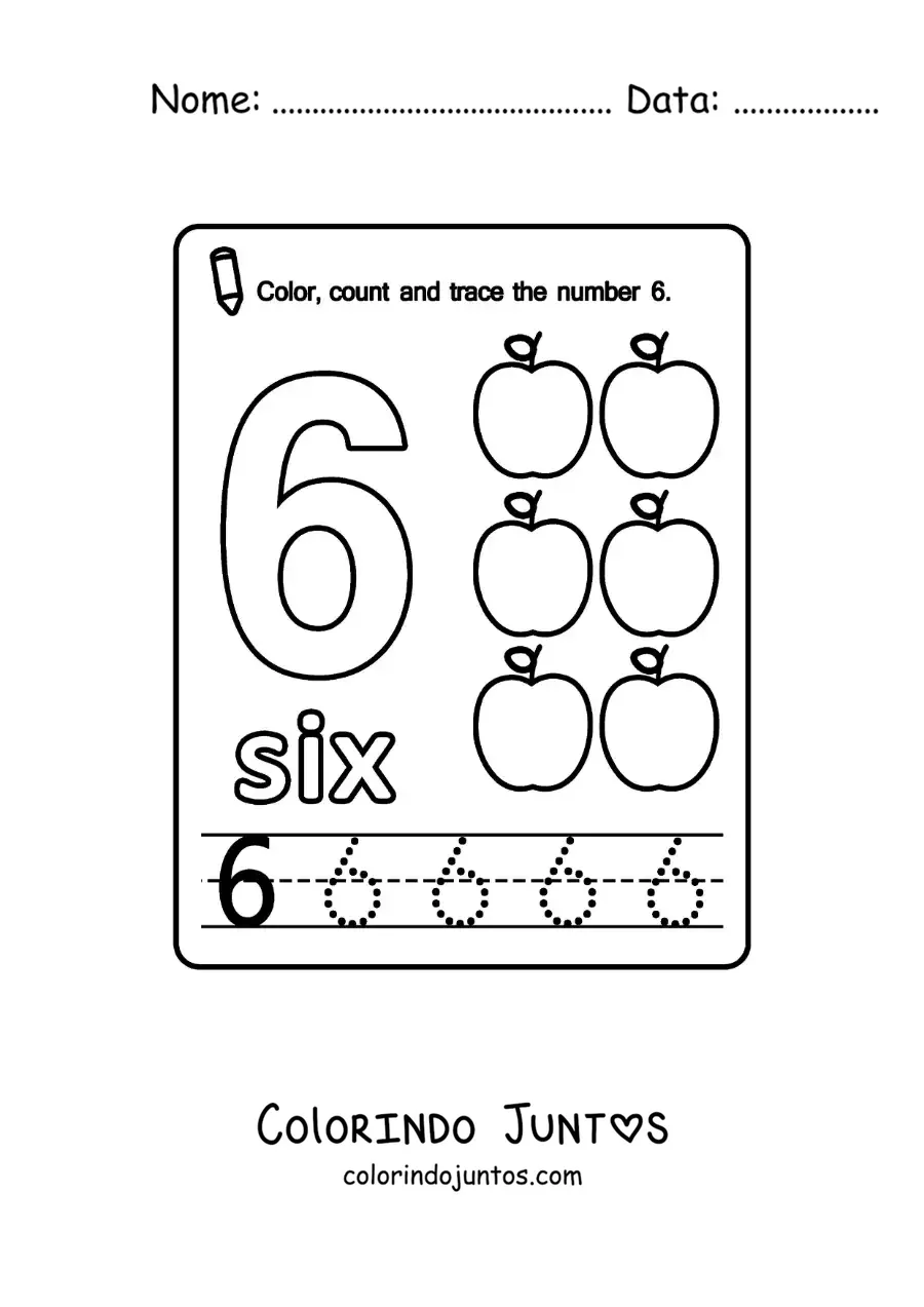 Desenho para colorir de ficha para aprender o numero 6 em ingles com frutas