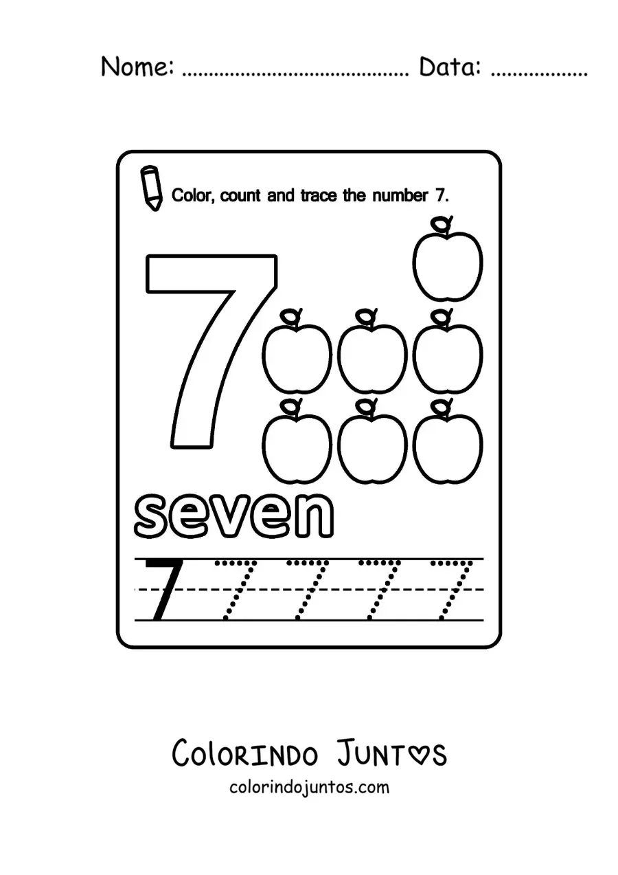 Desenho para colorir de ficha para aprender o numero 7 em ingles com frutas