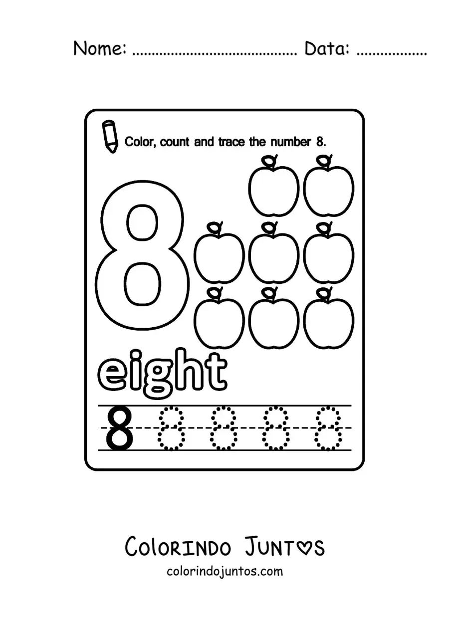 Desenho para colorir de ficha para aprender o numero 8 em ingles com frutas