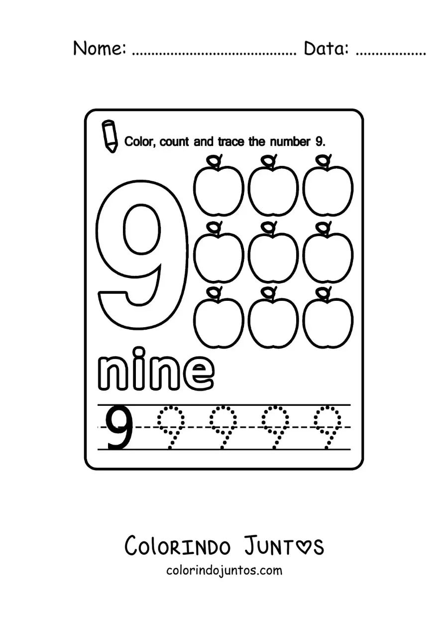 Desenho para colorir de ficha para aprender o numero 9 em ingles com frutas