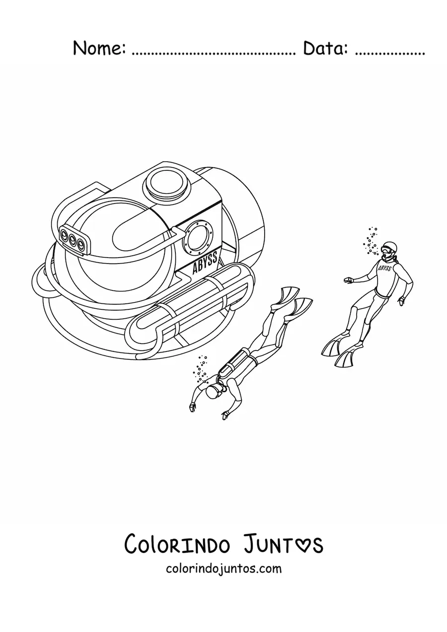 Desenho para colorir de dois mergulhadores junto a um submarino