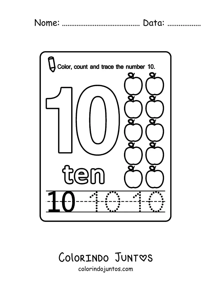 Desenho para colorir de ficha para aprender o numero 10 em ingles com frutas