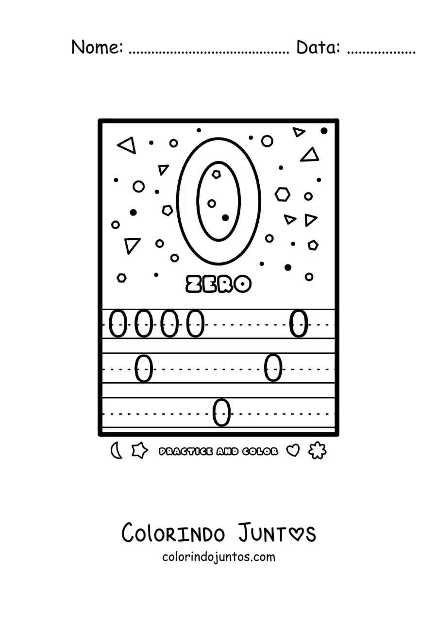 Desenho para colorir de atividade para aprender o numero 0 em ingles