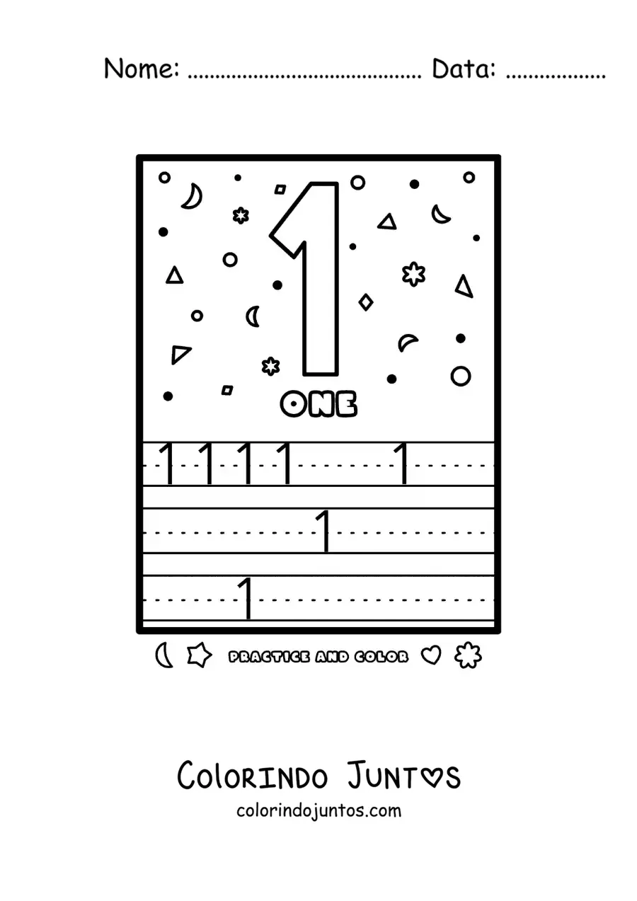 Desenho para colorir de atividade para aprender o numero 1 em ingles