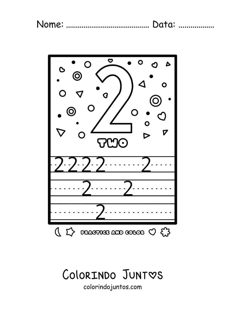 Desenho para colorir de atividade para aprender o numero 2 em ingles
