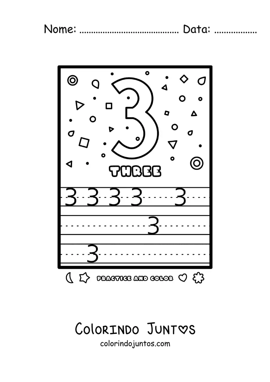 Desenho para colorir de atividade para aprender o numero 3 em ingles
