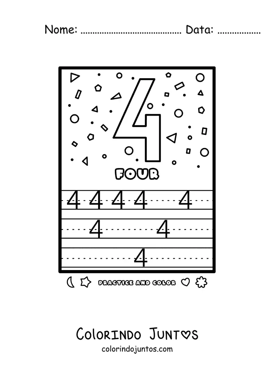 Desenho para colorir de atividade para aprender o numero 4 em ingles