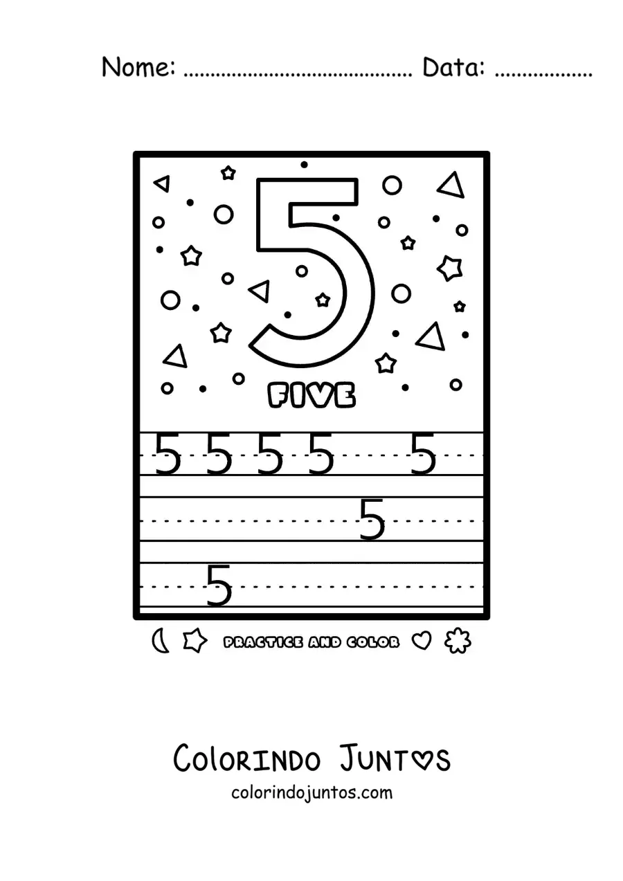 Desenho para colorir de atividade para aprender o numero 5 em ingles