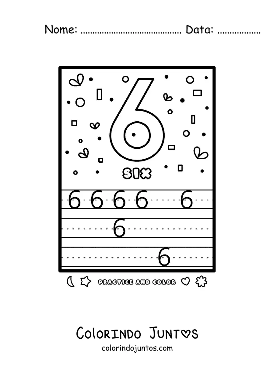 Desenho para colorir de atividade para aprender o numero 6 em ingles