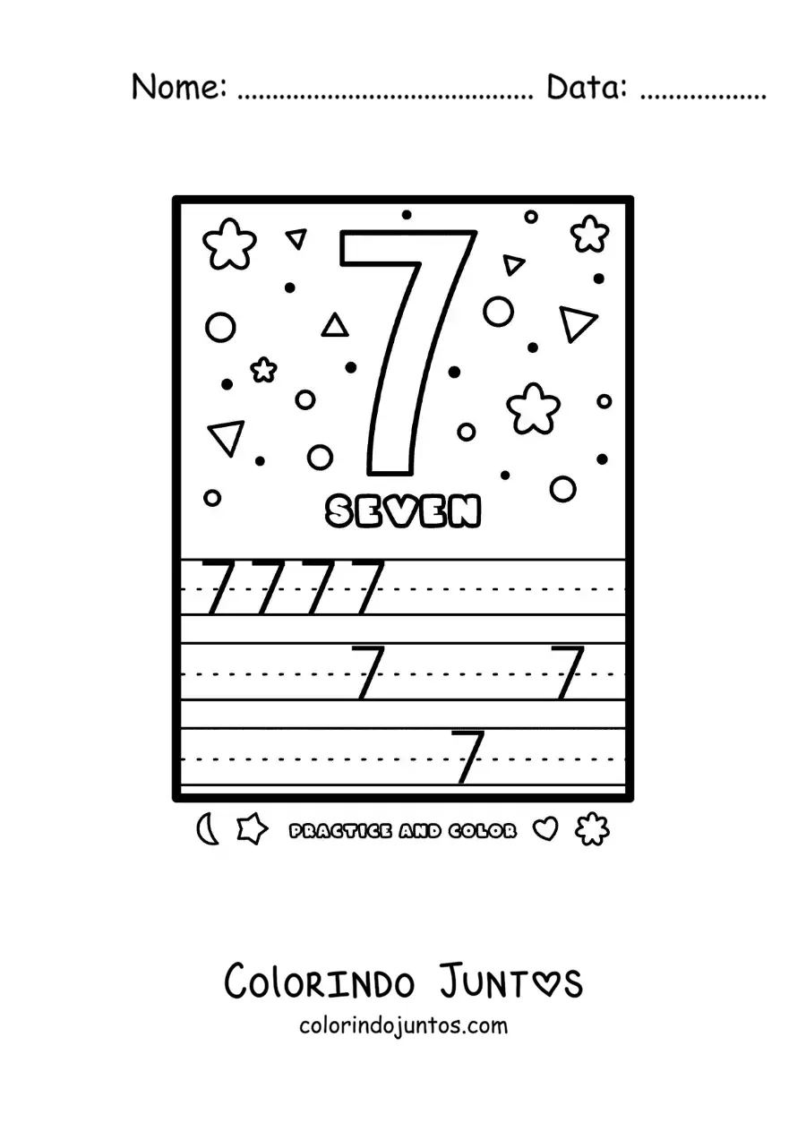 Desenho para colorir de atividade para aprender o numero 7 em ingles