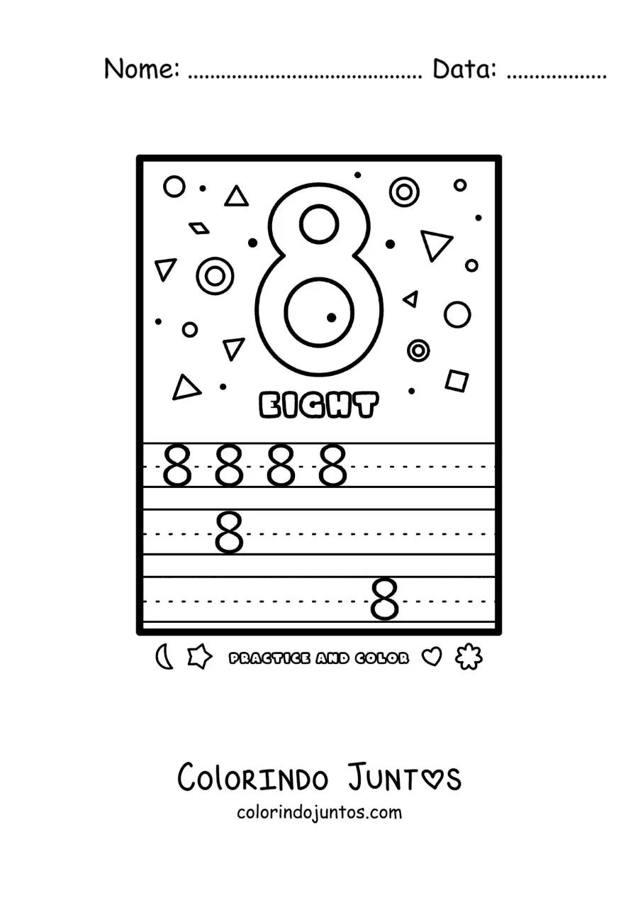 Desenho para colorir de atividade para aprender o numero 8 em ingles