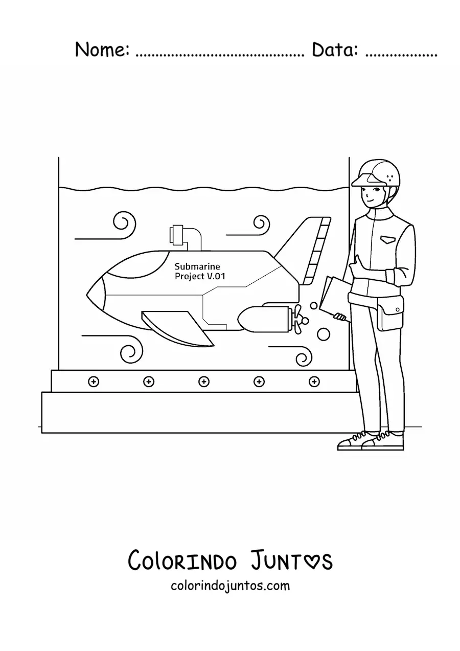 Desenho para colorir de um engenheiro naval testando um submarino