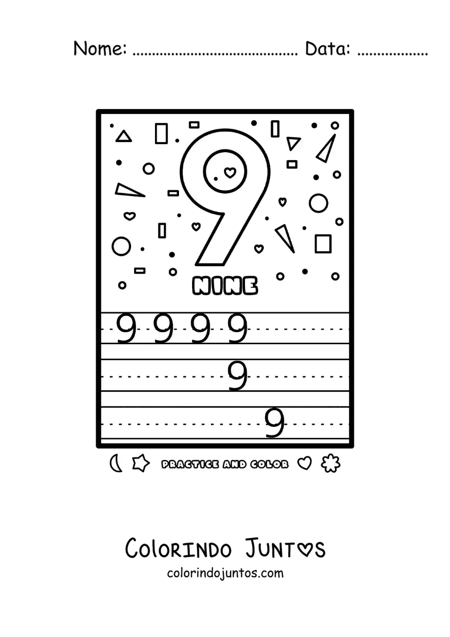 Desenho para colorir de atividade para aprender o numero 9 em ingles