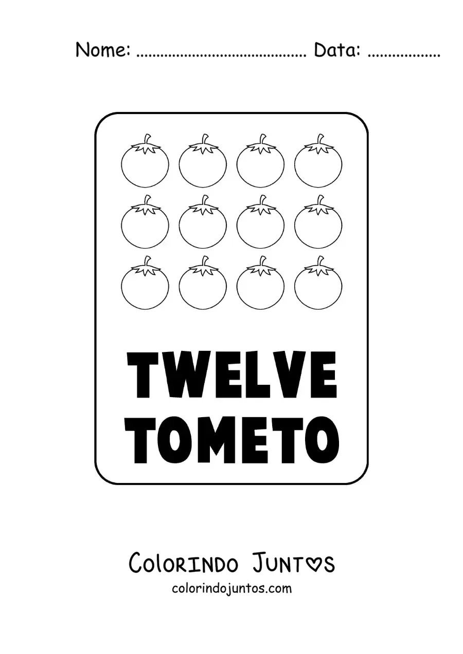 Desenho para colorir do numero 12 em ingles com frutas