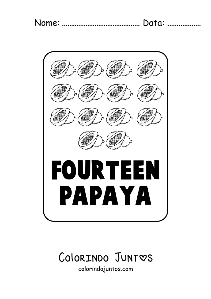 Desenho para colorir do numero 14 em ingles com frutas
