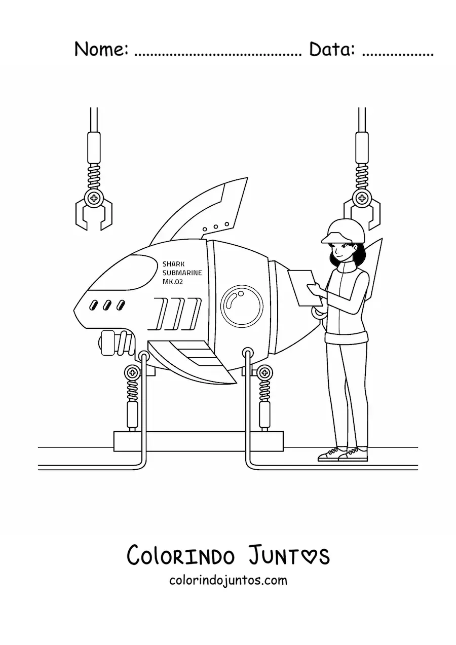 Desenho para colorir de uma engenheira naval construindo um submarino