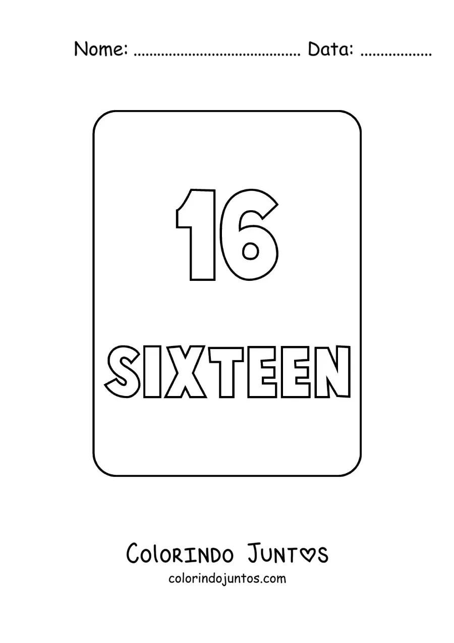 Desenho para colorir do numero 16 em ingles