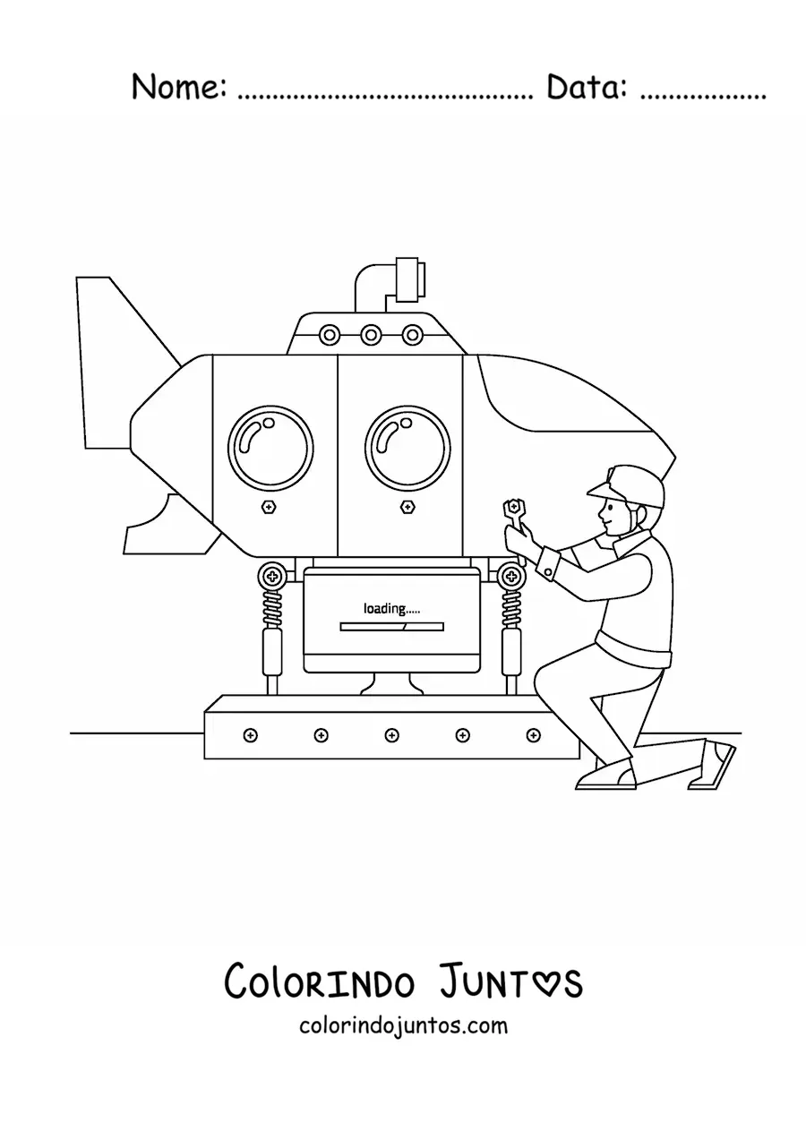 Desenho para colorir de um engenheiro naval consertando um submarino