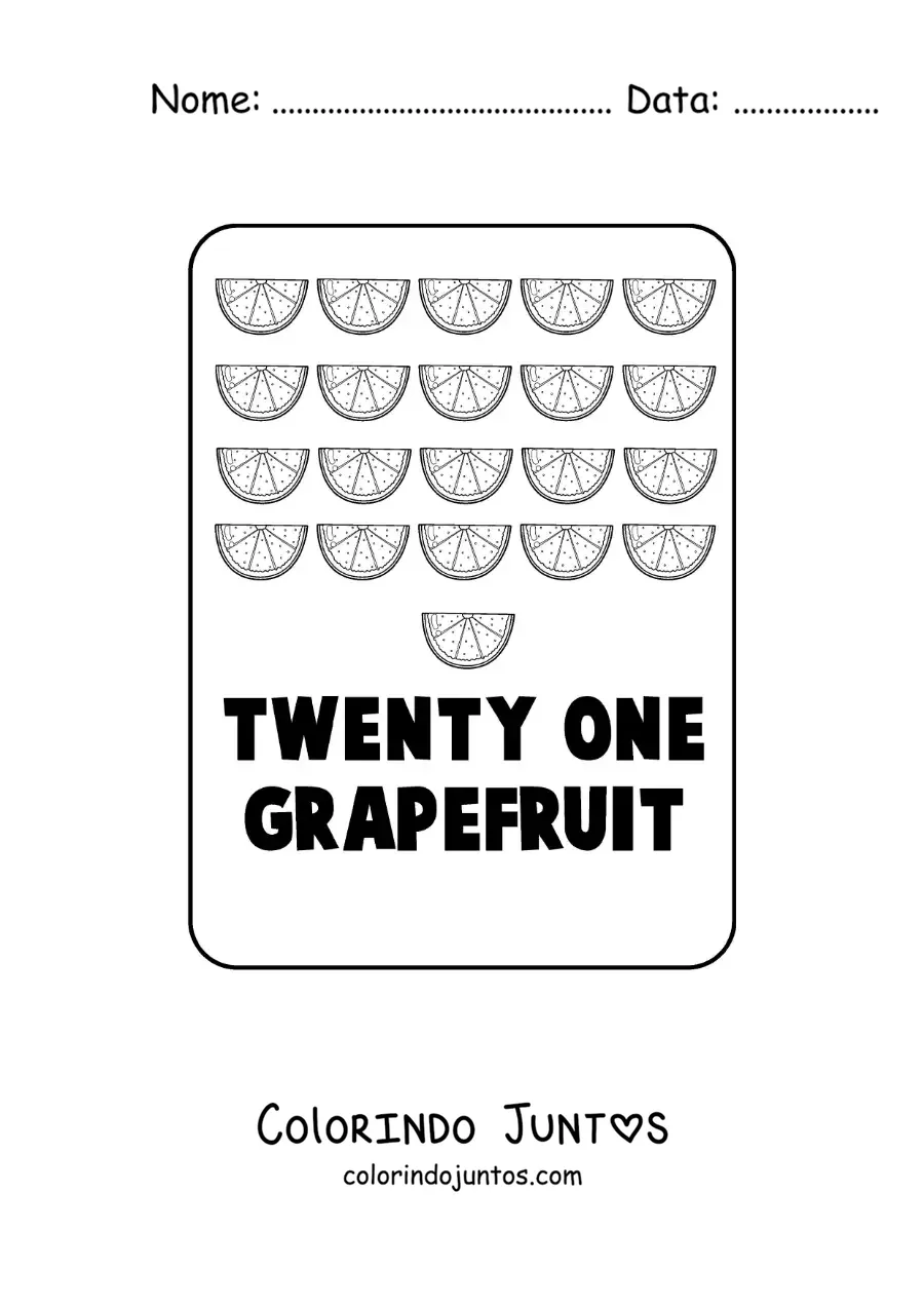 Desenho para colorir do numero 21 em ingles com frutas