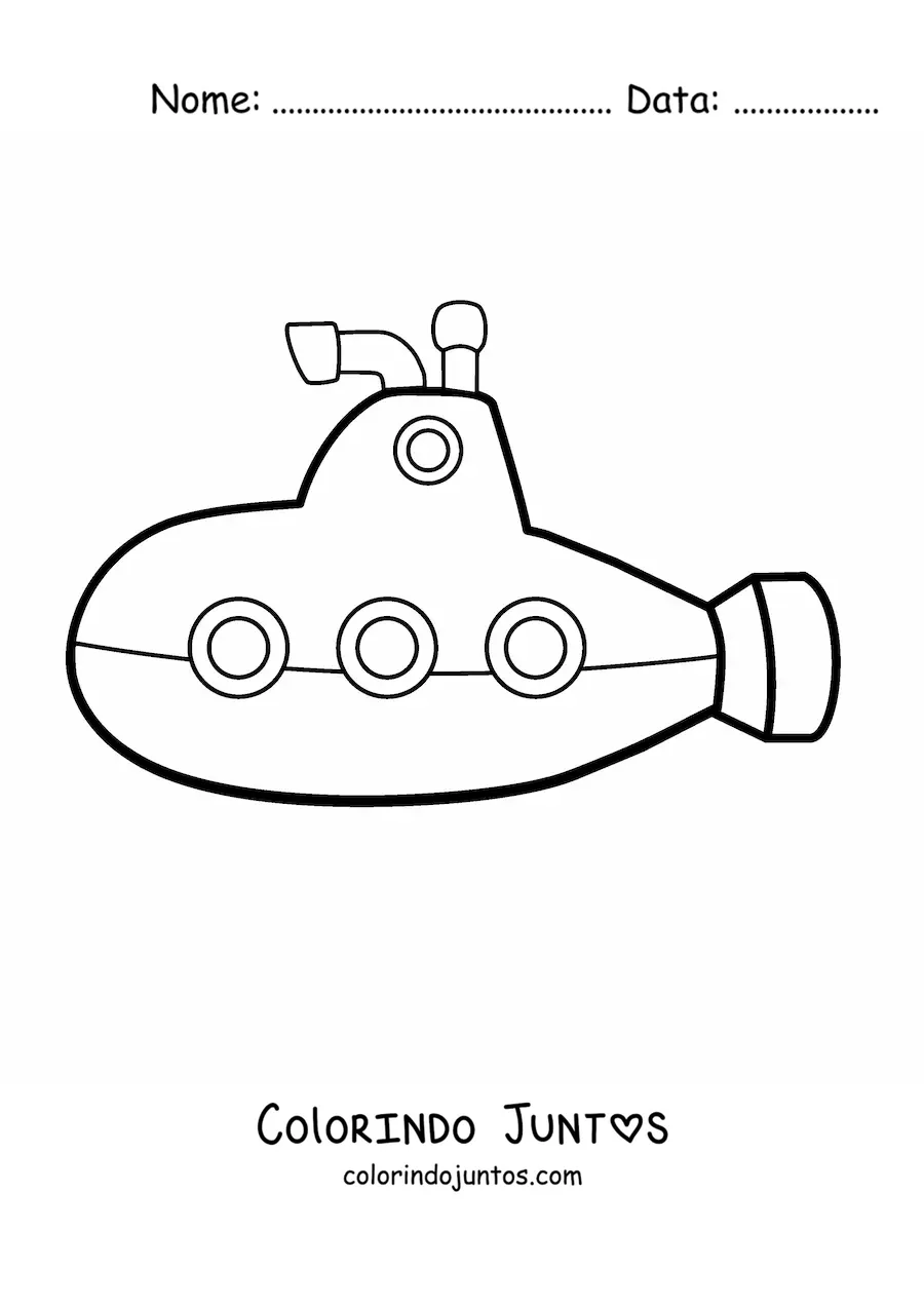 Desenho para colorir de um submarino em estilo cartum com periscopio e tres janelas