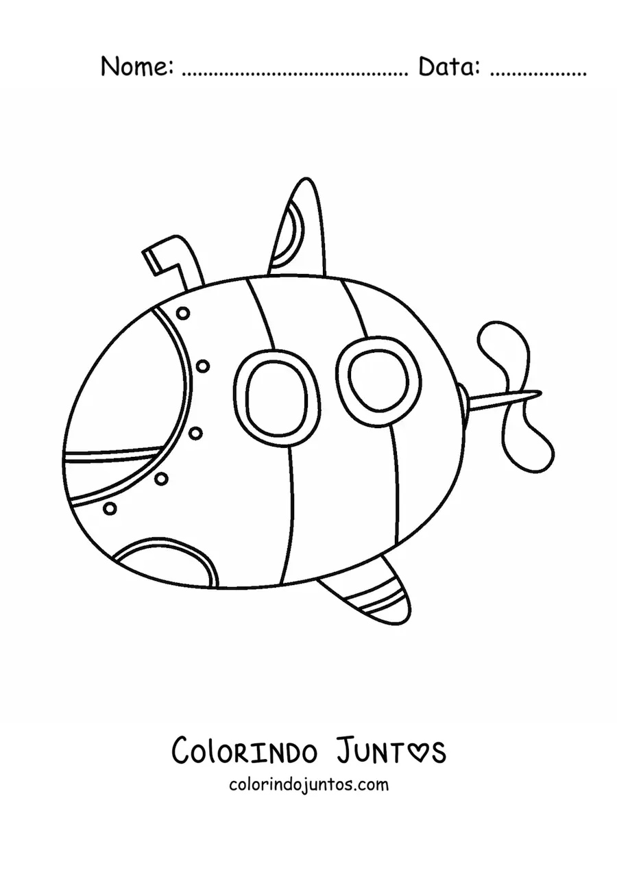 Desenho para colorir de um submarino em estilo cartum com periscopio e duas janelas