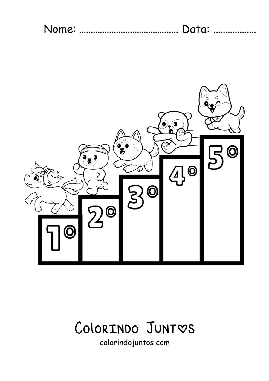Desenho para colorir dos numeros ordinais de 1 a 5 para criancas com desenhos animados
