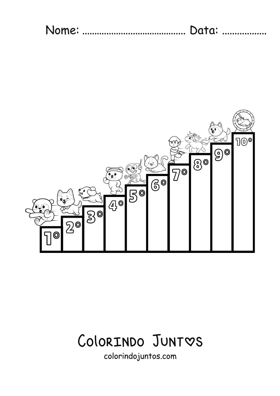 Desenho para colorir dos numeros ordinais de 1 a 10 para criancas com desenhos animados