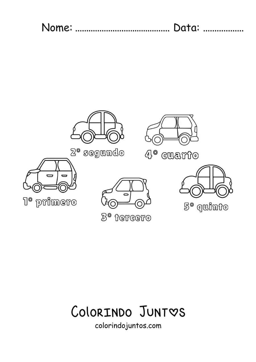 Desenho para colorir de uma corrida de carros com os numeros ordinais de 1 a 5 para criancas