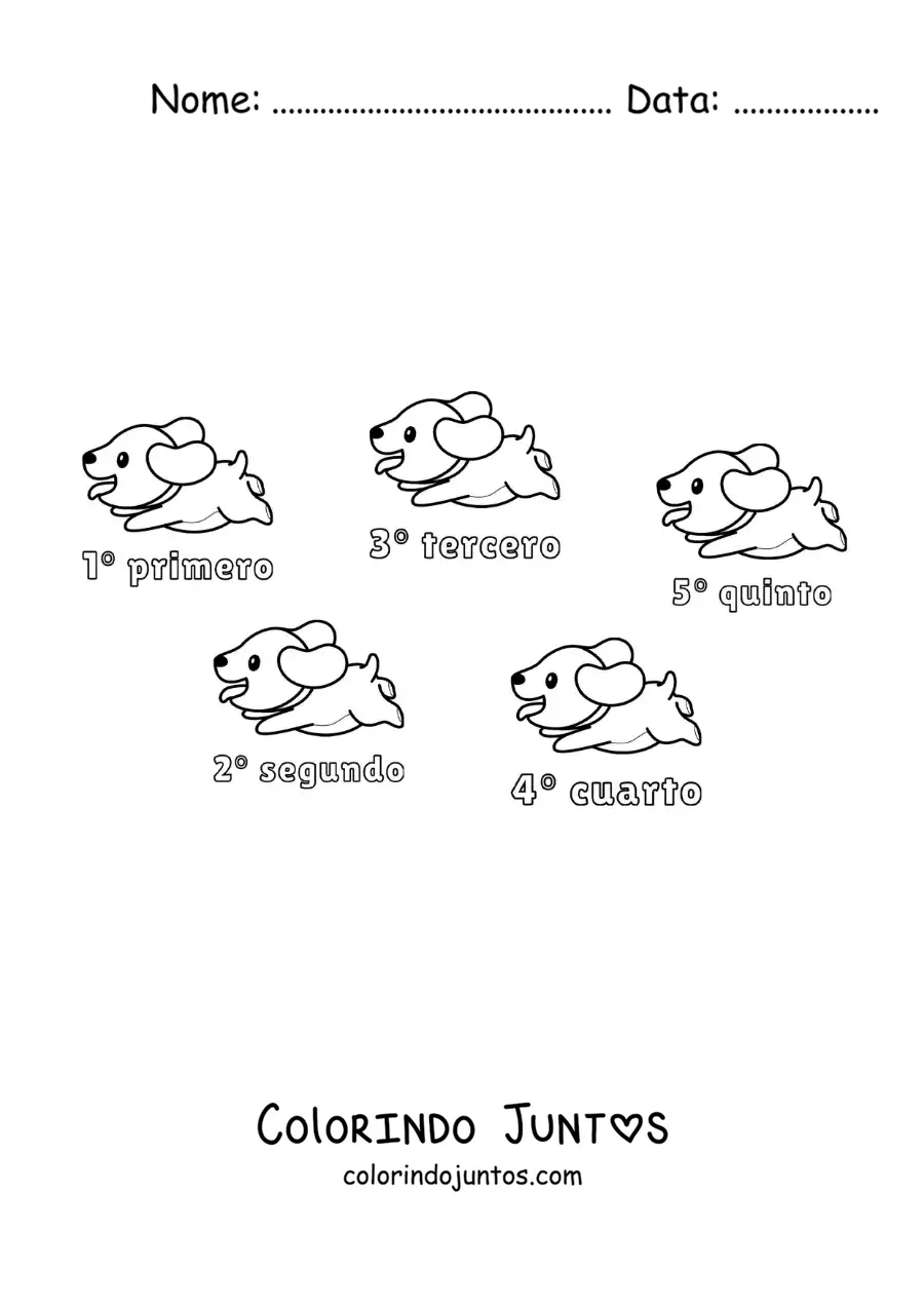 Desenho para colorir de uma corrida de cachorros com os numeros ordinais de 1 a 5 para criancas