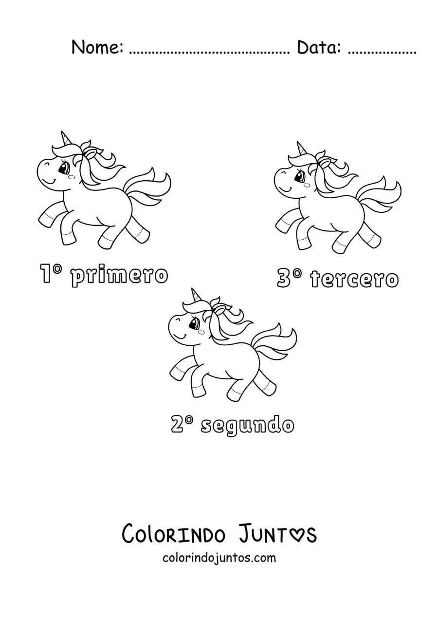 Desenho para colorir de uma corrida de unicornios com os numeros ordinais de 1 a 3 para criancas