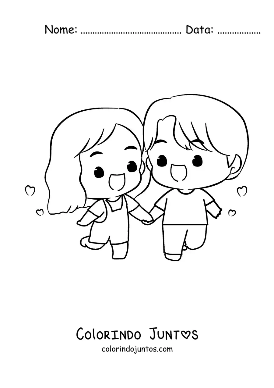 Desenho para colorir de casal de namorados chibi de maos dadas