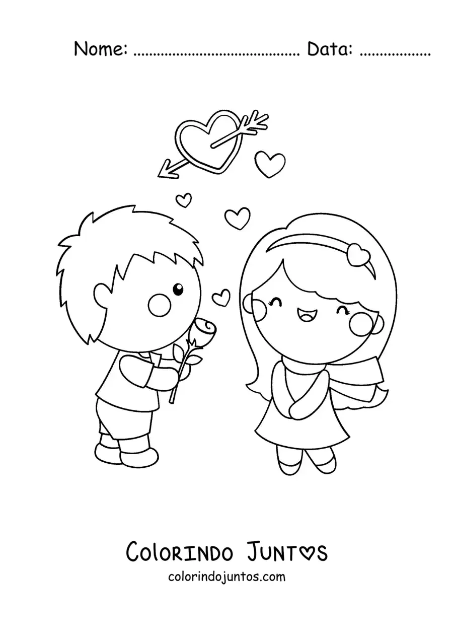 Desenho para colorir de menino dando uma rosa para a namorada