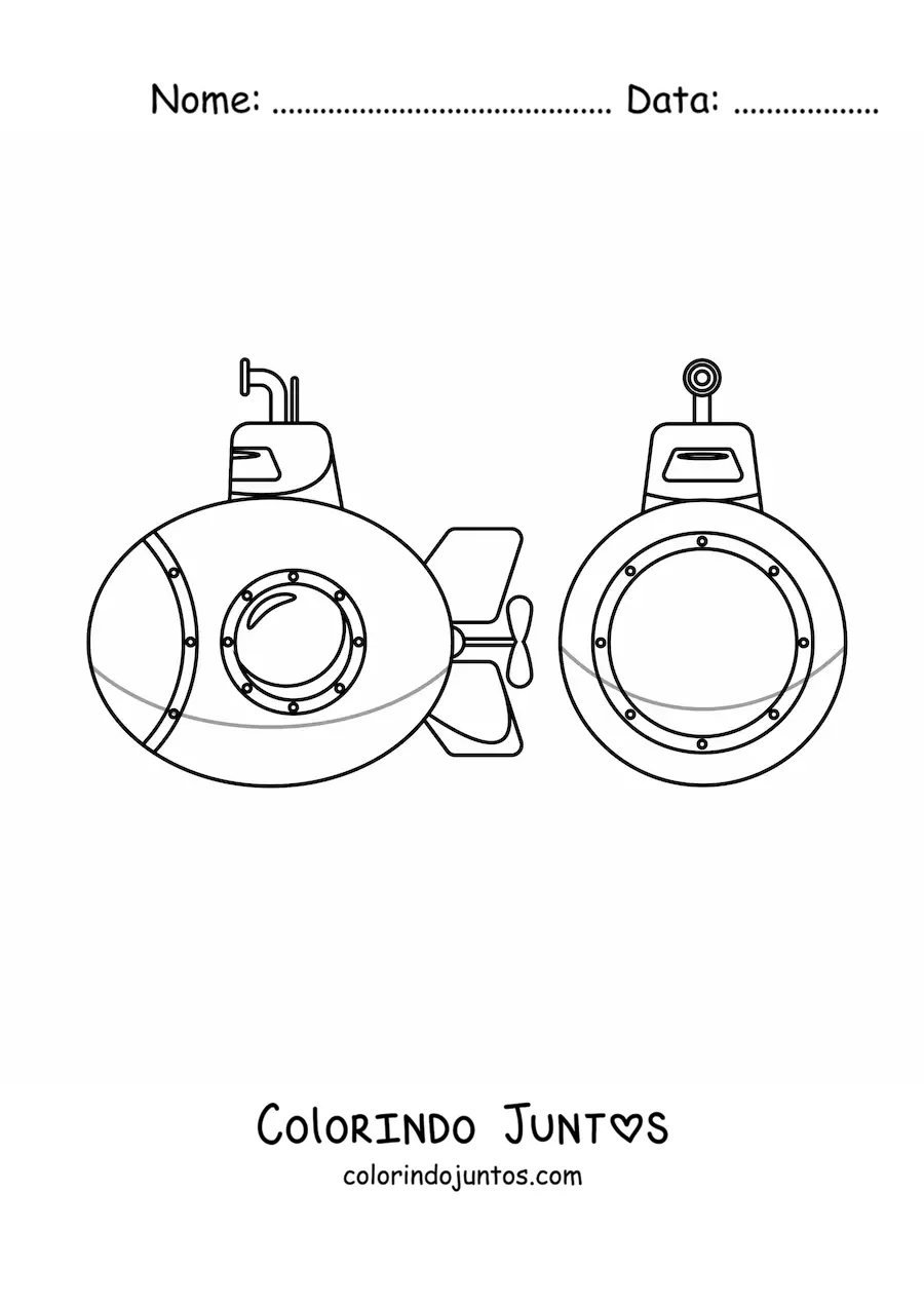 Desenho para colorir da vista frontal e lateral de um submarino espiao com periscopio