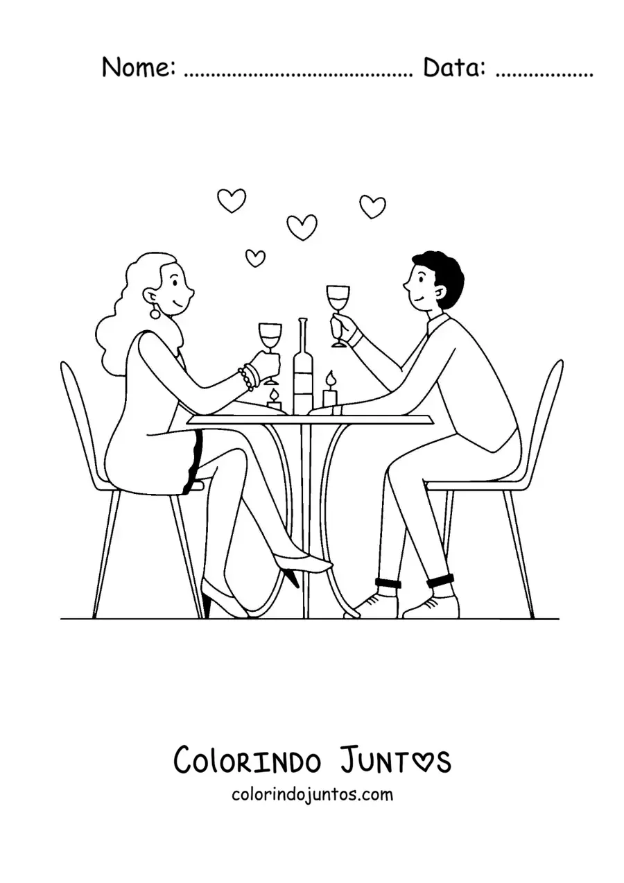 Desenho para colorir de casal de namorados apaixonados em um restaurante