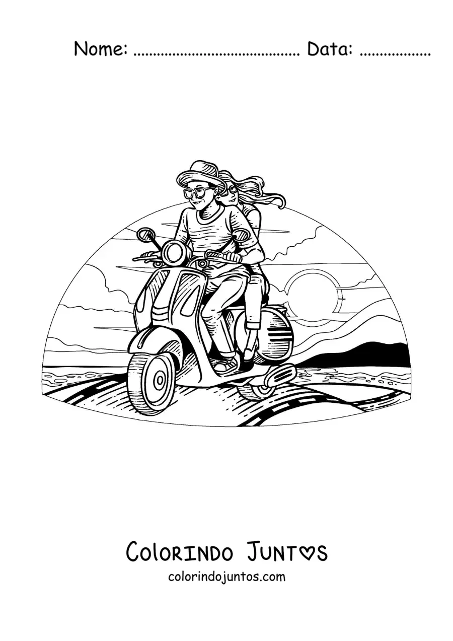 Desenho para colorir de casal de namorados em uma motocicleta