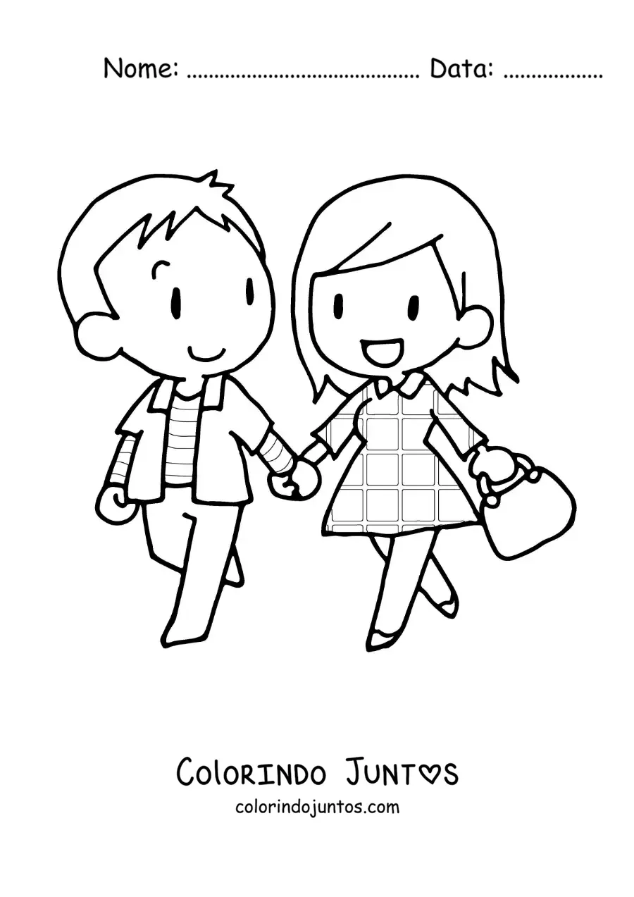 Desenho para colorir de casal de namorados caminhando de maos dadas