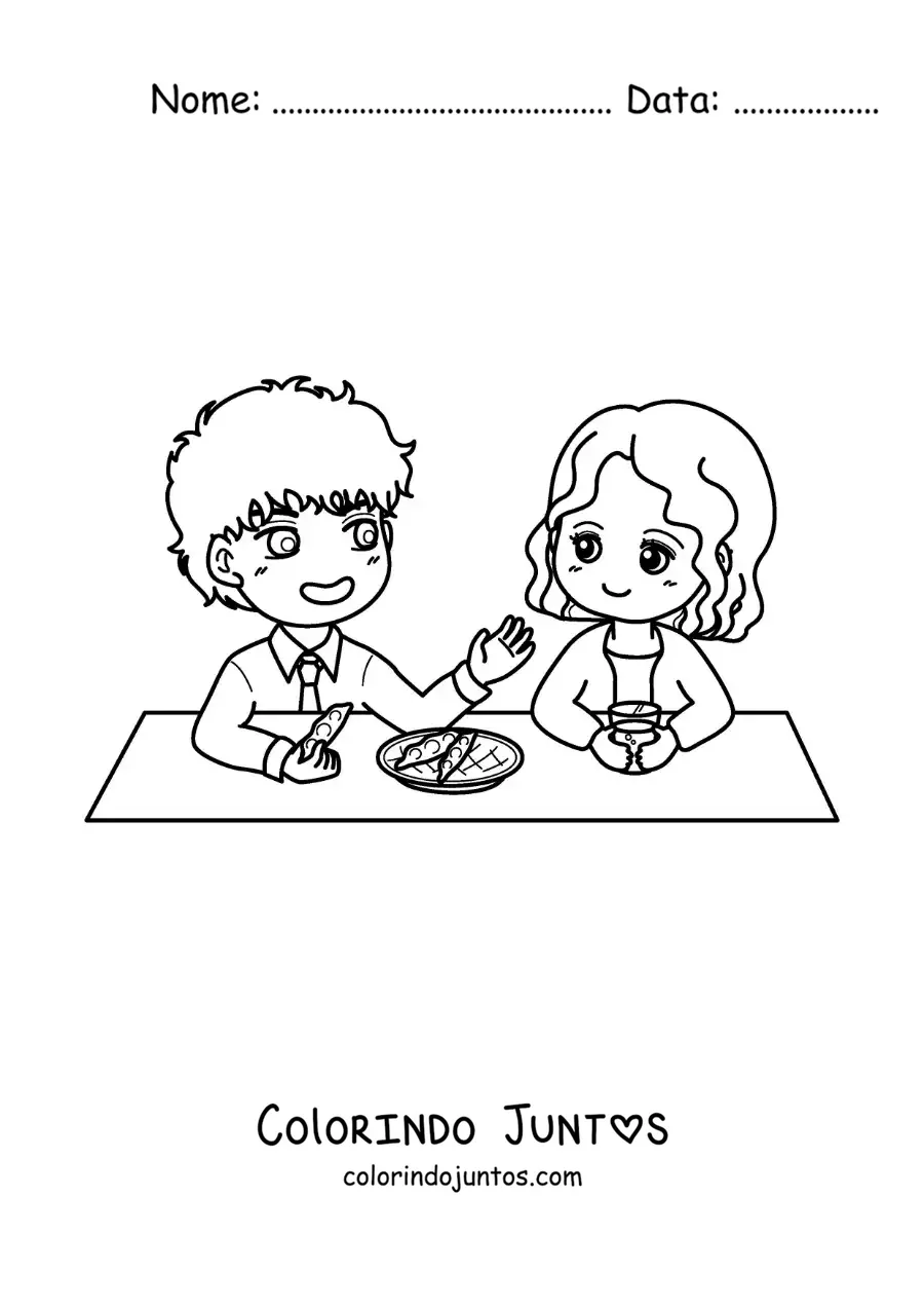 Desenho para colorir de casal apaixonado em estilo anime em um encontro
