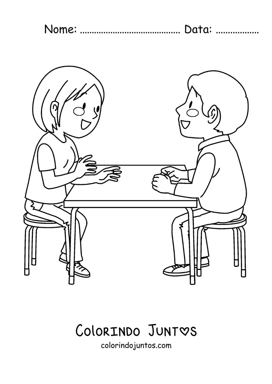 Desenho para colorir de casal de namorados sentados conversando em um restaurante