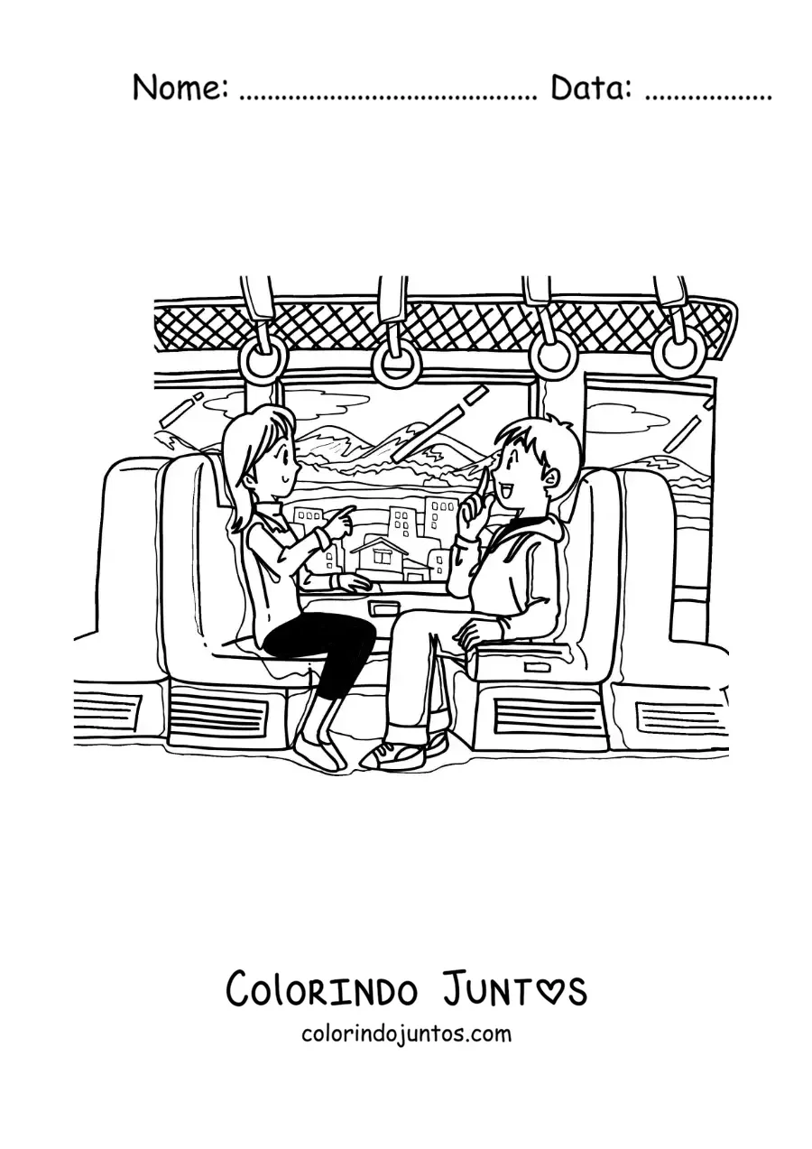 Desenho para colorir de casal de namorados sentados conversando em um trem