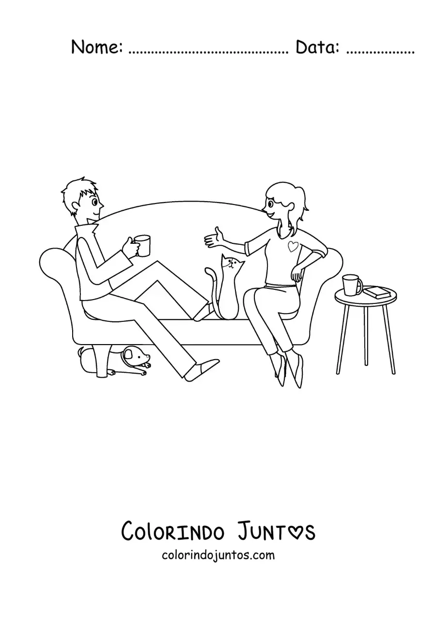 Desenho para colorir de casal de namorados em casa com animais de estimacao