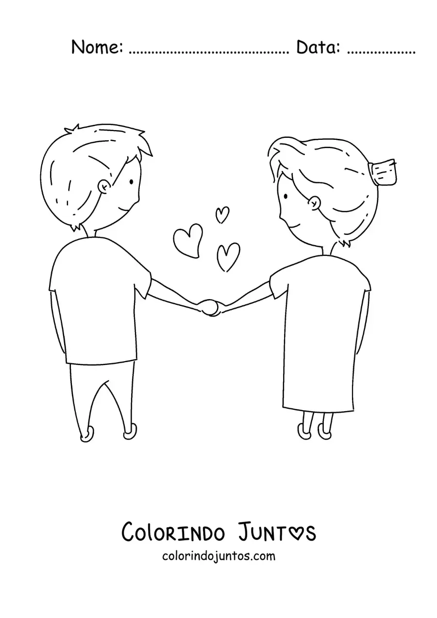 Desenho para colorir de casal apaixonado de maos dadas com coracoes