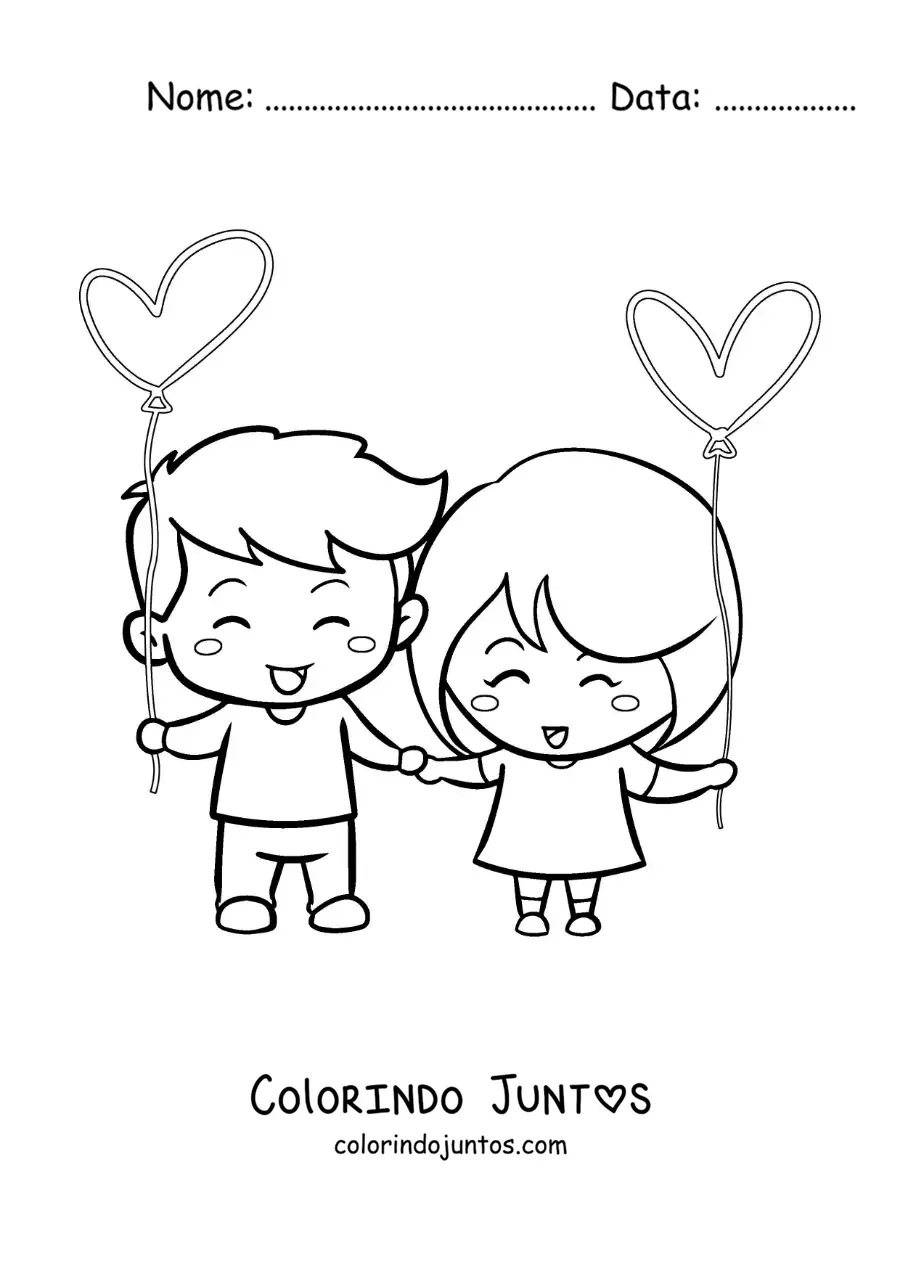Desenho para colorir de casal de namorados de maos dadas com coracoes