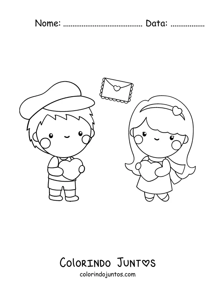 Desenho para colorir de casal apaixonado com cartas de amor